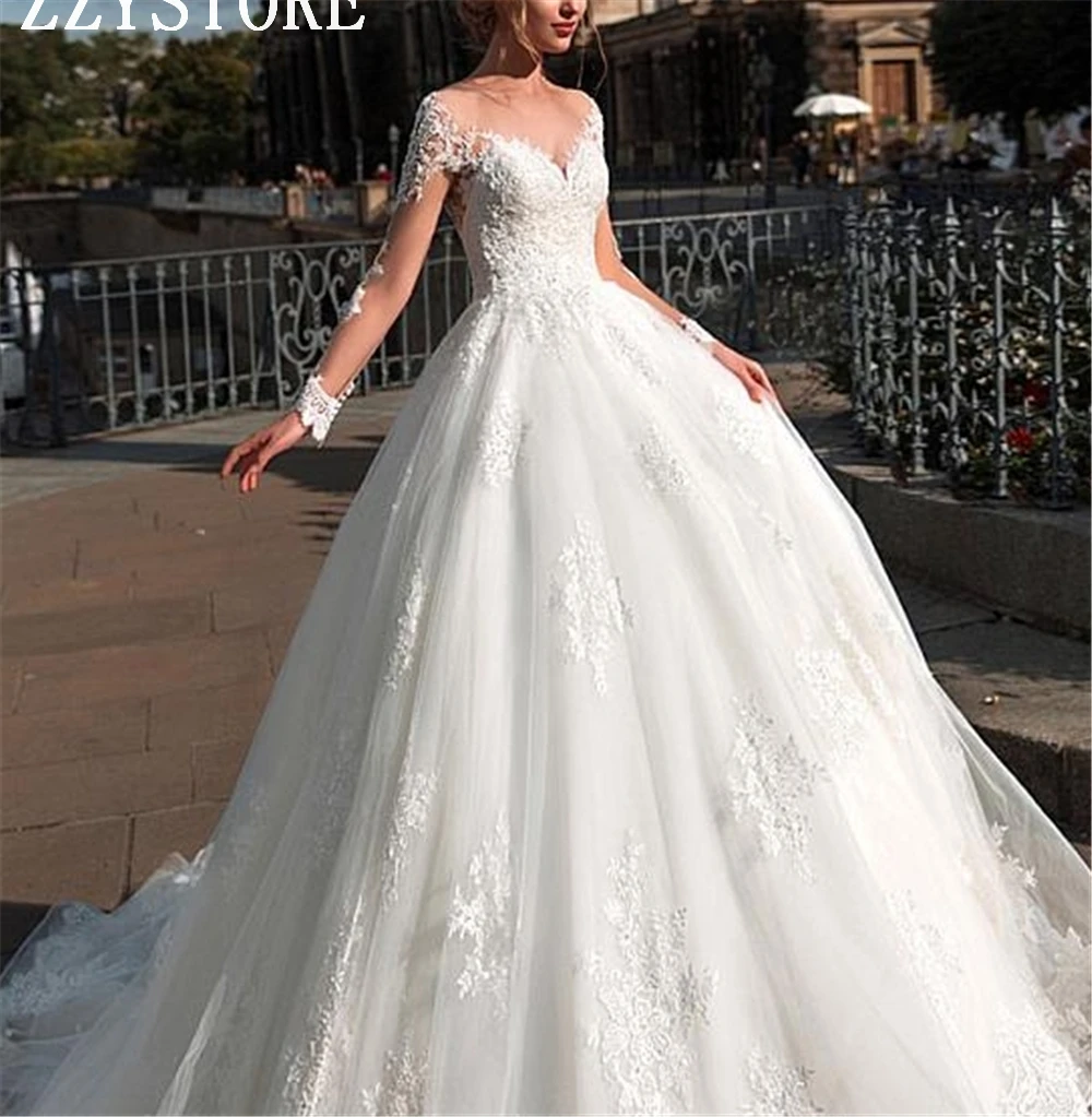 Vestidos de Novia Сексуальные Длинные рукава бальное платье свадебное платье Роскошные Аппликации Бисероплетение на сетке халат de mariage