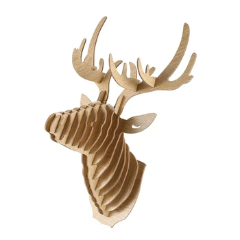 

3D Wood Carving Deer Head Decoration Wall and Hook Door Necklace Hat Key - Beige