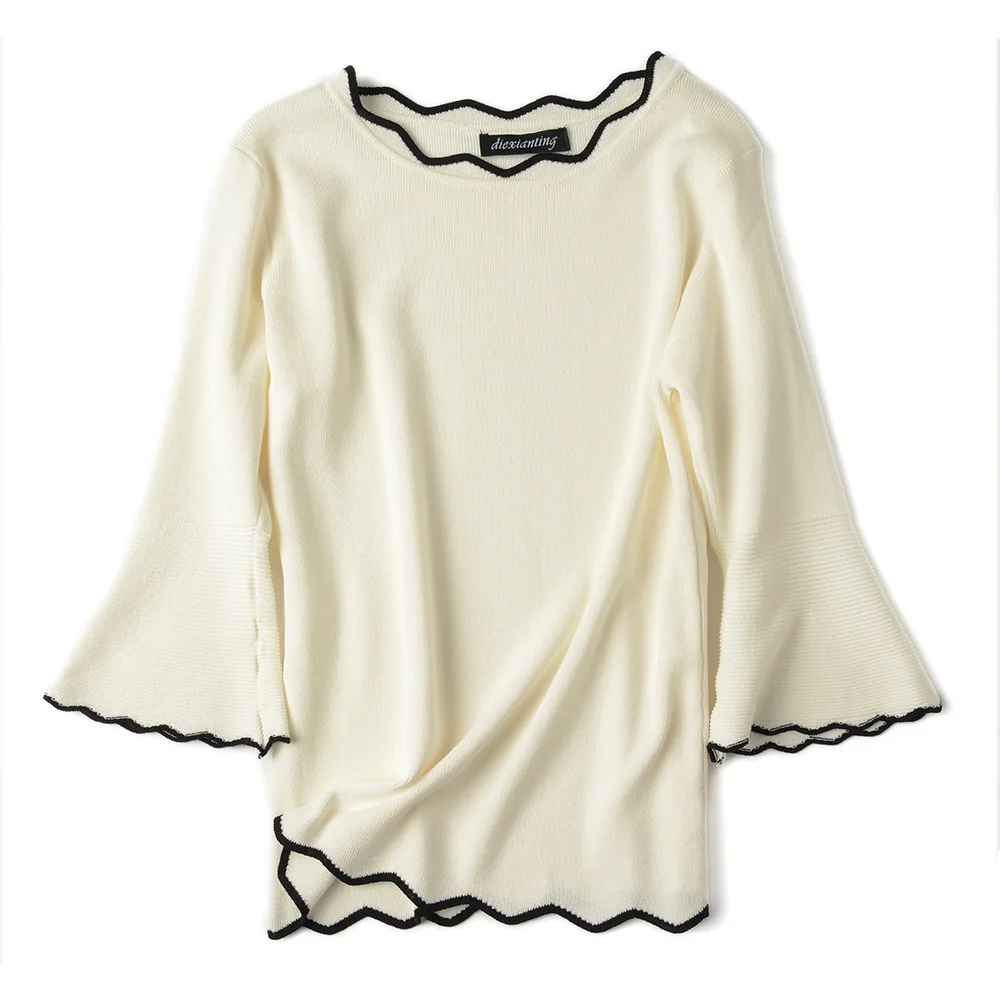 

Fashion Ice Silk Thin Summer hit color women sweater Flare Sleeve Ruffled Collar Pullover Slim sweaters women High Quality Tops