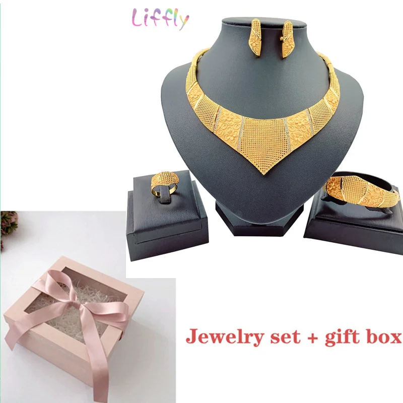 set 2 and box Роскошные свадебные хрустальные ювелирные наборы золотой комплект ювелирных изделий в дубайском стиле для женщин ожерелье серьги кольцо браслет Классические женские ювелирные изделия - Окраска металла: set 2 and box