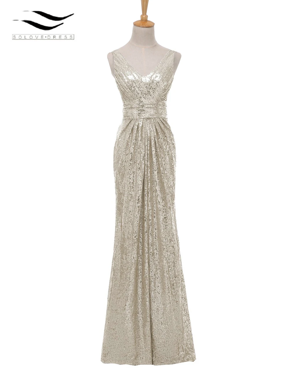 

Solovedress Sleeveless Champagne A Line Sequin V Neck Evening Dress 2019 Real Photo Fashion vestido de dama de honra SLE30036