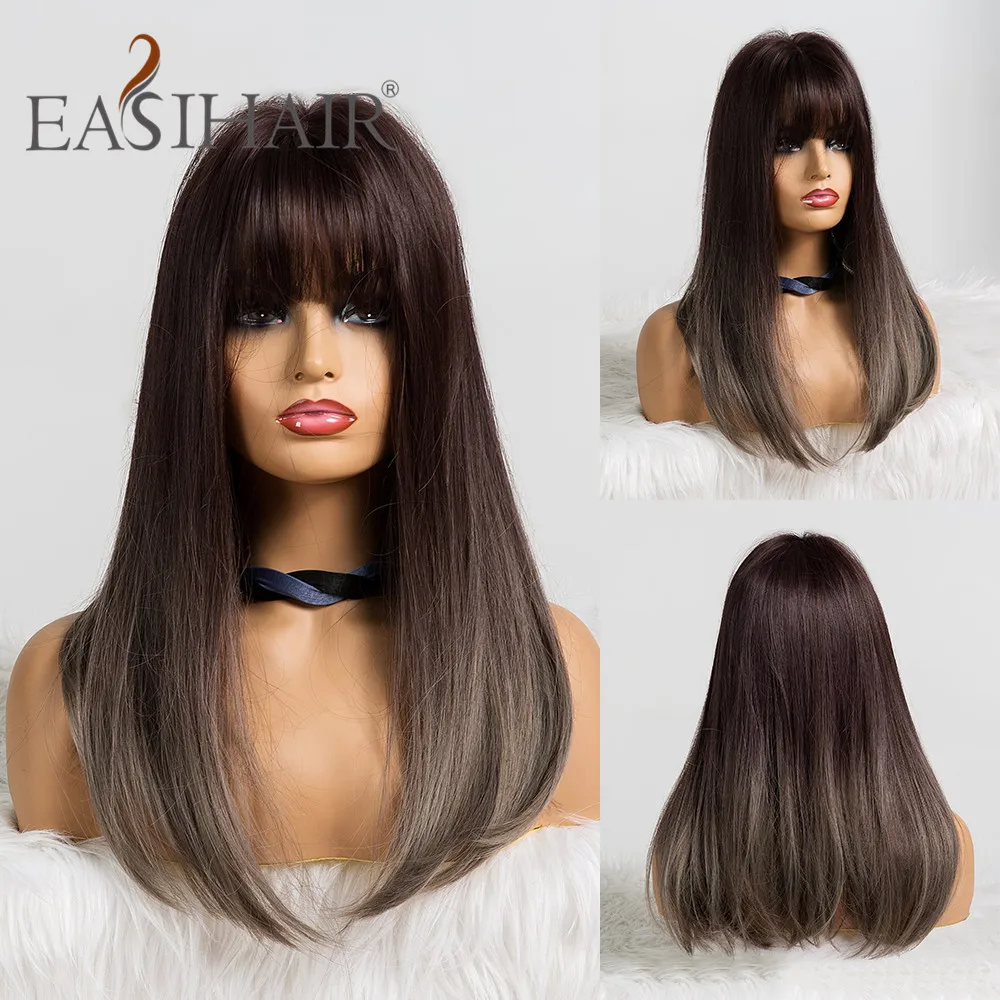 EASIHAIR Длинные прямые парики с челкой черный до коричневый Ombre синтетические парики для черных женщин на каждый день натуральные Косплей парики - Цвет: LC239