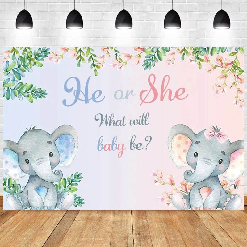 

Boys or Girls Photography Backdrop Gender Reveal He or She Party Elephant Balloon Flower Newborn Kids Photo Background Banner