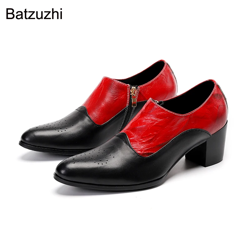 

Batzuzhi Japanese Style Fashion Men's Shoes Zip Soft Leather Dress Shoes Men Black Red 7cm High Heels Party and Wedding Zapatos