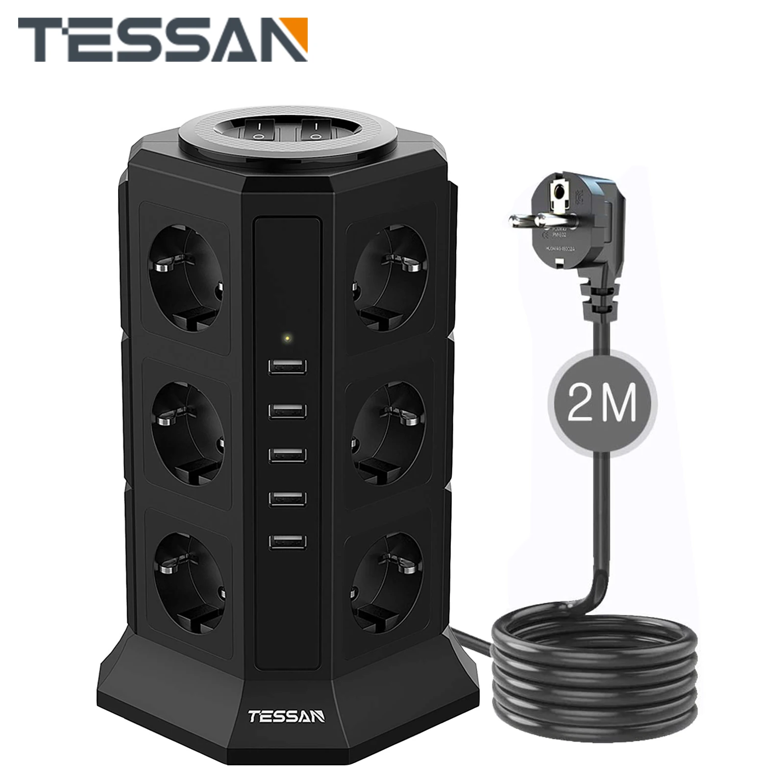 

TESSAN Black Vertical Tower Power Strip with 12 AC Outlets, 5 USB and 2M Extension Cord with Overload Protection for Home/Office