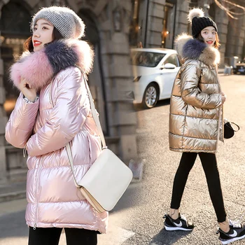 

JuneLove Fur Collar Glossy Hooded Winter Down Coat Women Oversize Jacket Thick Warm Cotton Padded Wadded Parkas Outwears