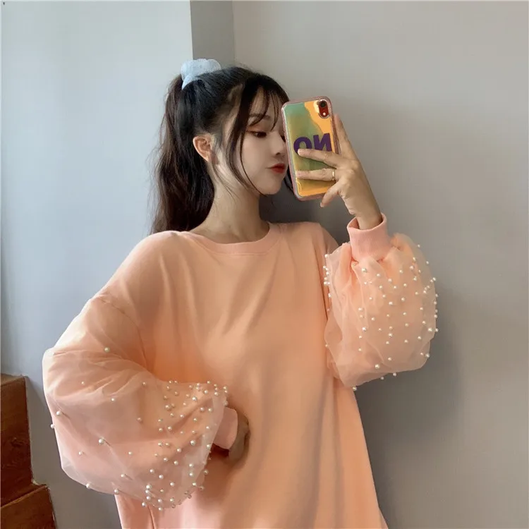 Осенняя Женская толстовка с капюшоном Babydoll Kawaii Nets Пряжа Бисероплетение топы студенческие свободные однотонные топы с длинными рукавами