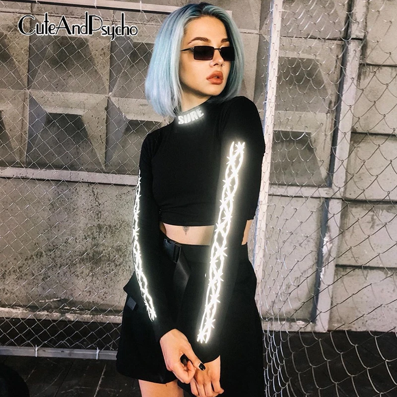 

Reflective Thorns Print T-shirt Long Sleeve O Neck Cropped Tops Letter Printed Casual Tee Women Tshirts Streetwear Cuteandpsycho