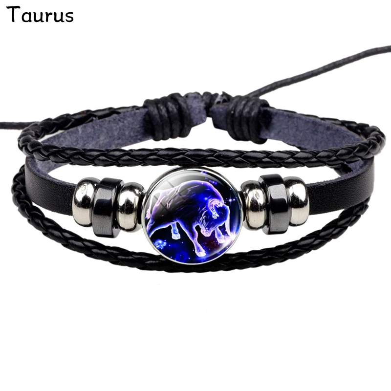 12 браслеты с изображениями созвездий, черные кожаные плетеные браслеты, стеклянные ювелирные изделия, Знак зодиака, модные панк мужские браслеты, упаковка - Окраска металла: Taurus