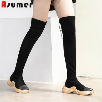 

ASUMER 2020 new fashion slim Elastic boots women casual flat shoes round toe comfortable over the knee boots woman sneakers
