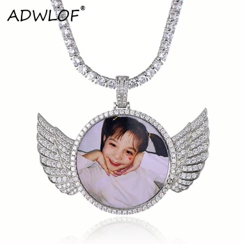 

Custom Made Photo With Sngel Wings Necklace & Pendant 4mm Tennis Chain Gold Color Color Cubic Zircon Men's Hip hop Jewelry