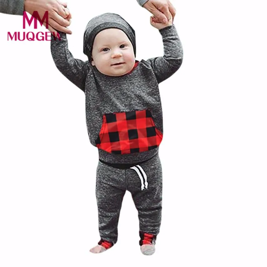 New Floral Cute Comfortable Newborn Infant Baby Boys Girls Plaid Print Hoodie Tops Shirt+Pants Outfits Set 905 - Цвет: GY
