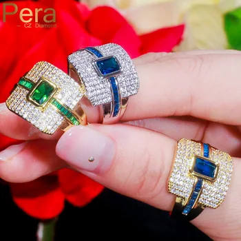 

Pera Monaco Designer Luxury Gold Punk Stackable Choker Bule Square Cubic Zirconia Big Statement Wedding Bridal Finger Rings R121