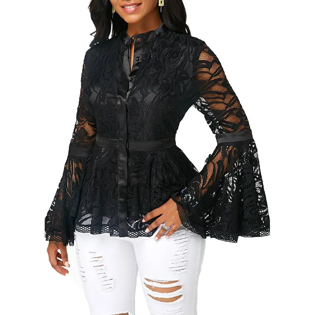 Plus Size Blouse Women Fashion Black See-through Lace Long Flare Sleeve Shirt Woman Blouse And Top Clothing 1