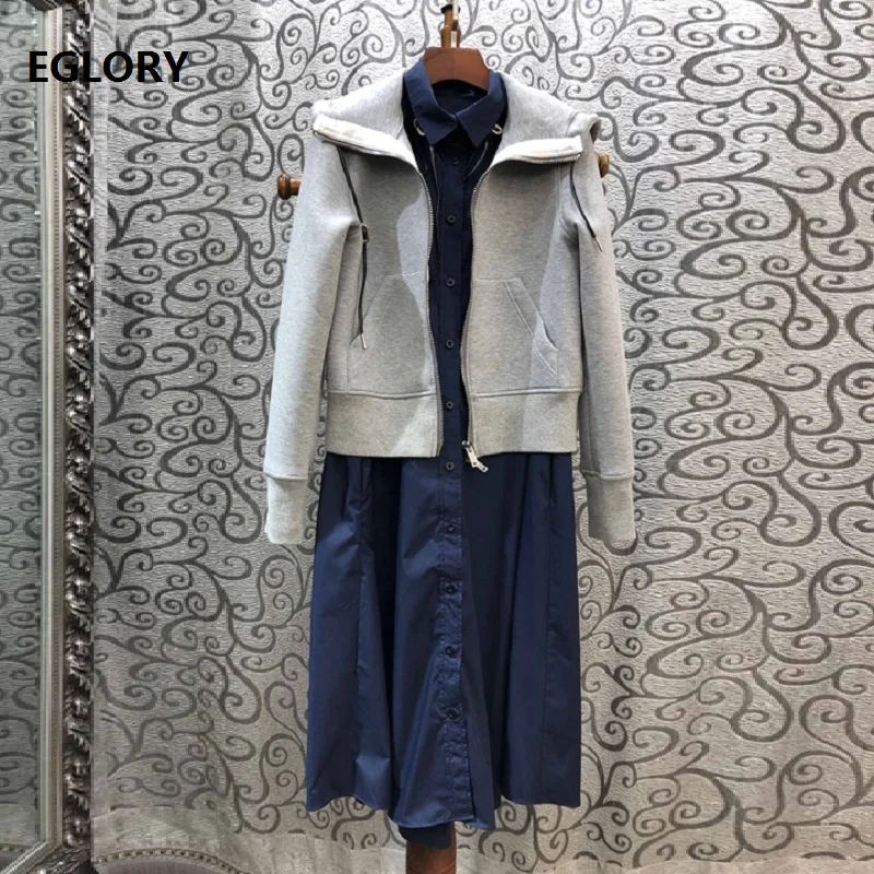 

Women's Set 2019 Autumn Casual Two Piece Set Ladies Hooded Coat Jacket+Striped Print Long Shirt Dress Set Clothes Grey Dark Blue