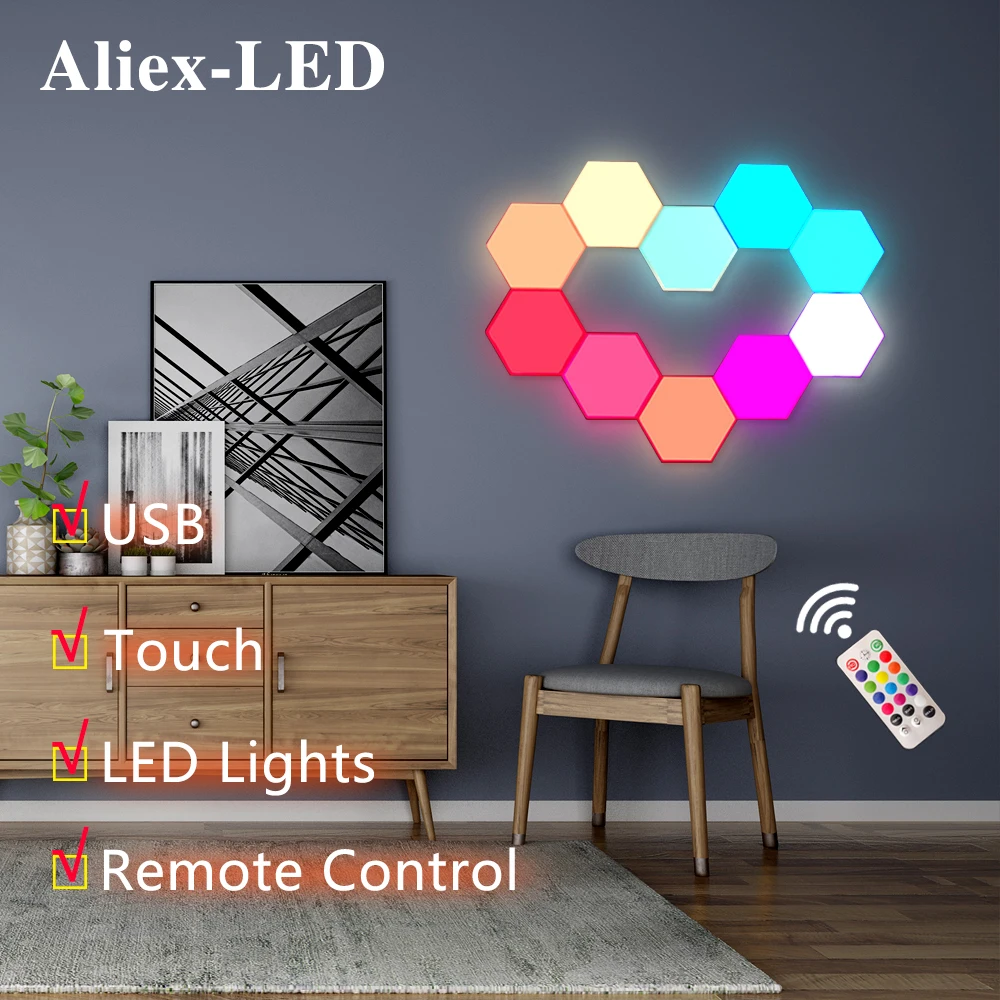 US $18.27 New LED Honeycomb Lights Quantum Hexagonal Light USB Touch Remote Control 7 Color Discoloration for Bedroom DIY Decor Wall Lamp