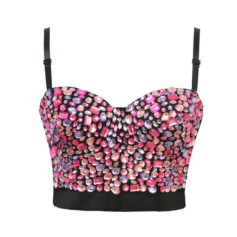 

Pink Rhinestone Bead Bustier Diamond Sexy Push Up Bralet Women's Corset Bustier Bra Night Club Party Cropped Top Vest Bralette