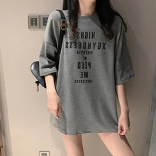 

Vintage Letter Print T Shirts Women Spring Summer New Fashion Tops Mid Length O Neck Loose Casual Tees Grey White Basic T Shirt
