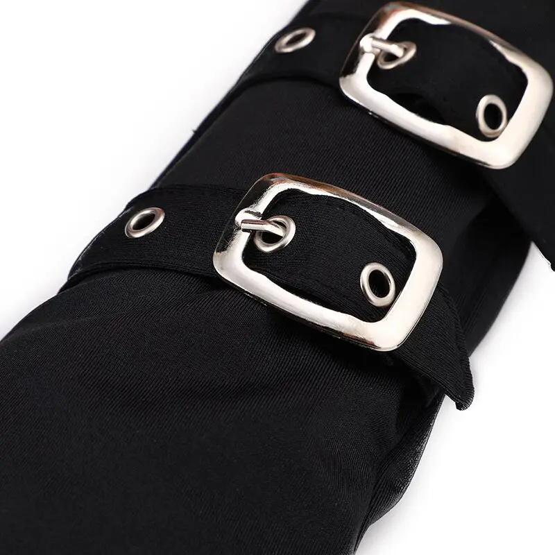 Women Half Finger Metal Buckle Belt Rivet Punk Hip Hop Party Cosplay Dance Mitten Sexy Black Fingerless Milk Silk Glove R46