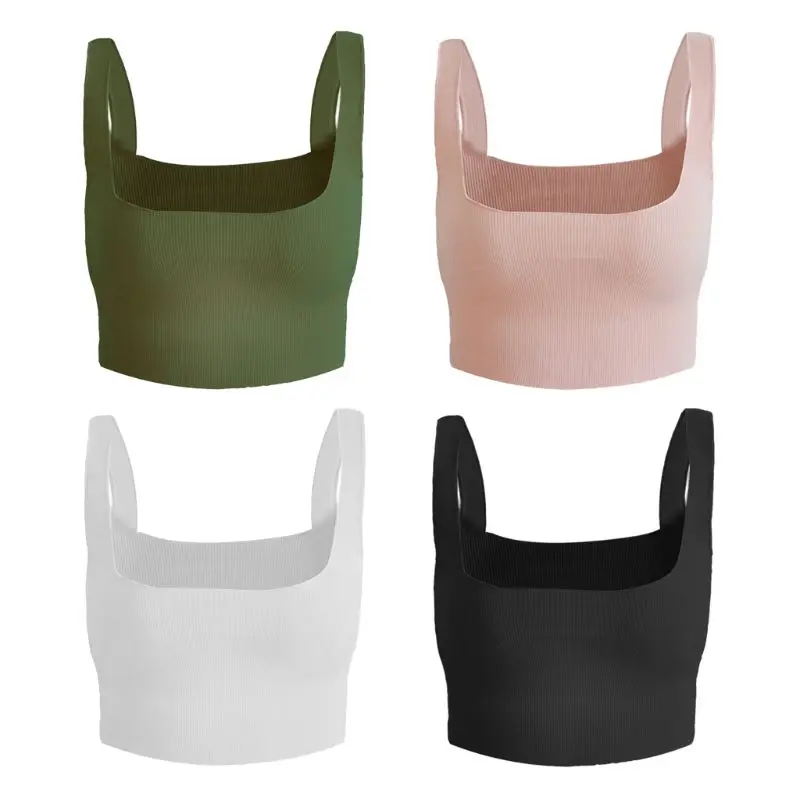 

Womens Summer Sleeveless Wide Strap Crop Tops Solid Color Thread Ribbed Knitted Vest Sexy Square Neck Backless Casual Camisole