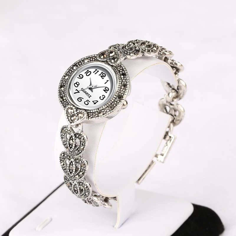 Новые Роскошные Кварцевые часы Женские модный старинное серебро женские часы яркие черные хрустальные винтажные браслет кварцевые часы