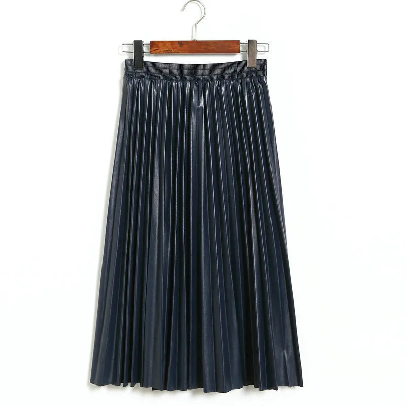 Navy Women High Waist PU Leather Pleated Skirts Skater Casual Maxi Skirt Long Winter Black Red Green Coffee - Color: Navy