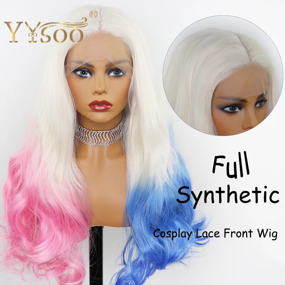 YYsoo Glueless кружевной передний синтетический парик смешанный синий и розовый белый