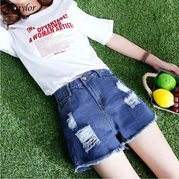 

Fitaylor 2020 High Waist Women Hole Vintage Blue Denim Shorts New Summer Casual Female Solid Color Loose Fit Jeans Shorts