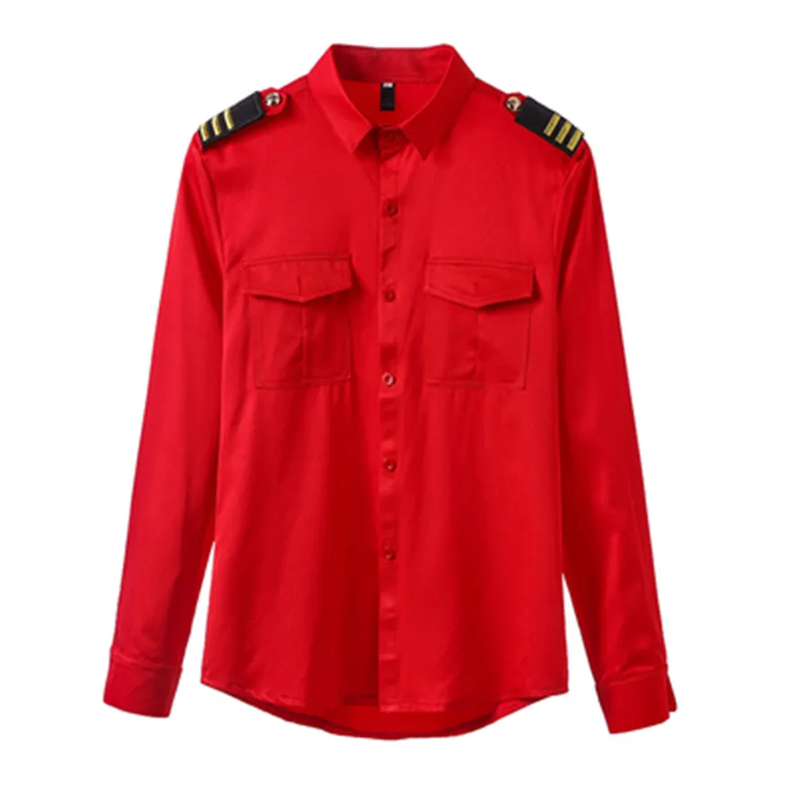 Men Long Sleeve Slim Shirt Pilot Uniform Hairstylist Barman Waiter Shirts for Night Club Party | Мужская одежда