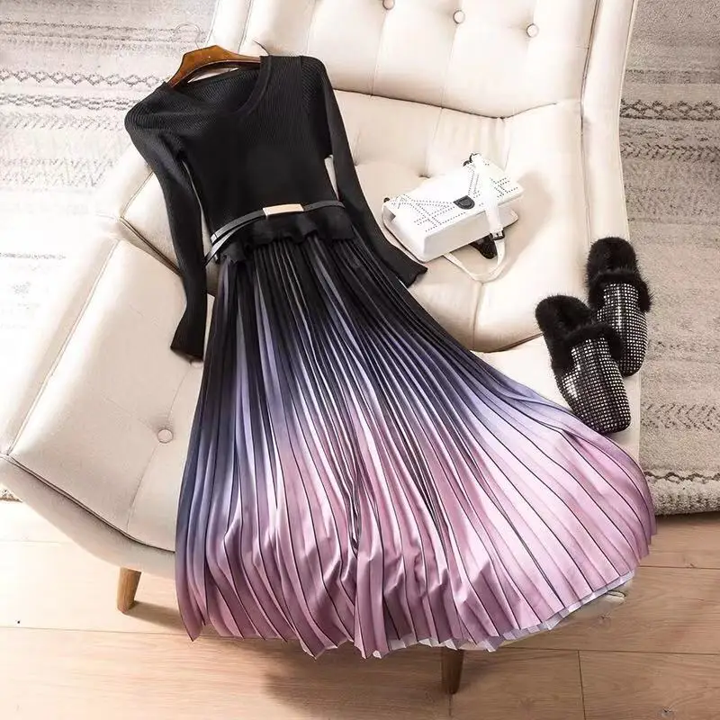 ^Cheap Women autumn winter black dress knitted sweater patchwork pleated V-neck belt long sleeve dresses new 2019