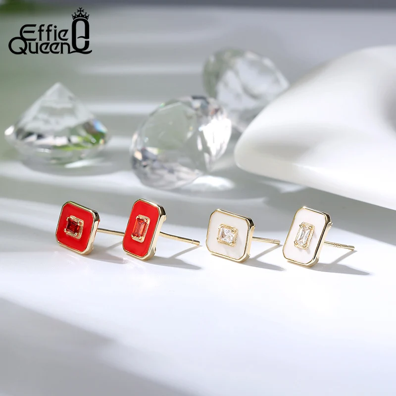 Effie Queen 925 Silver Stud Earring Square Enamel Earring with AAAA Zircon Woman Girl Jewelry Party Gift BE284