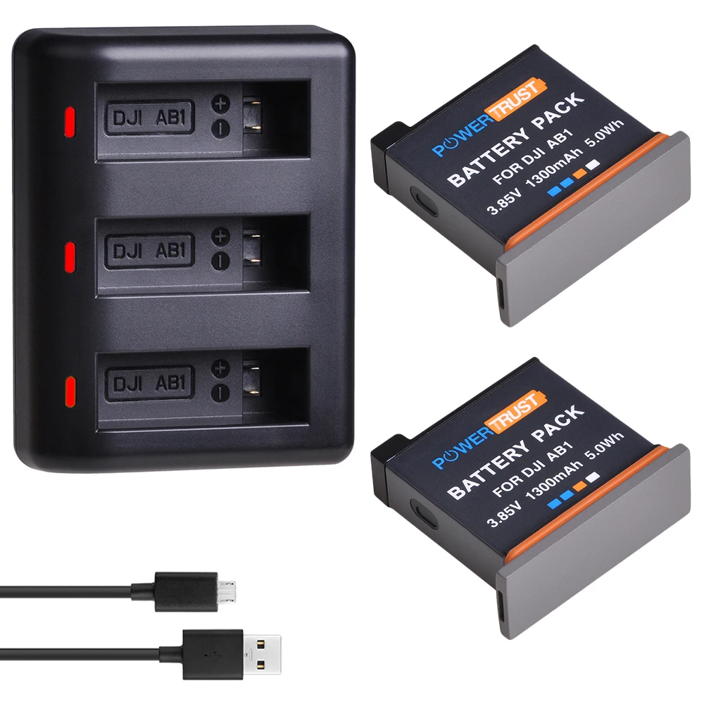 

2Pcs 3.85V 1300mAh AB1 Battery + Rapid 3-Channel USB Charger for DJI Osmo Action Sports Camera AB1 Battery with Type C Port