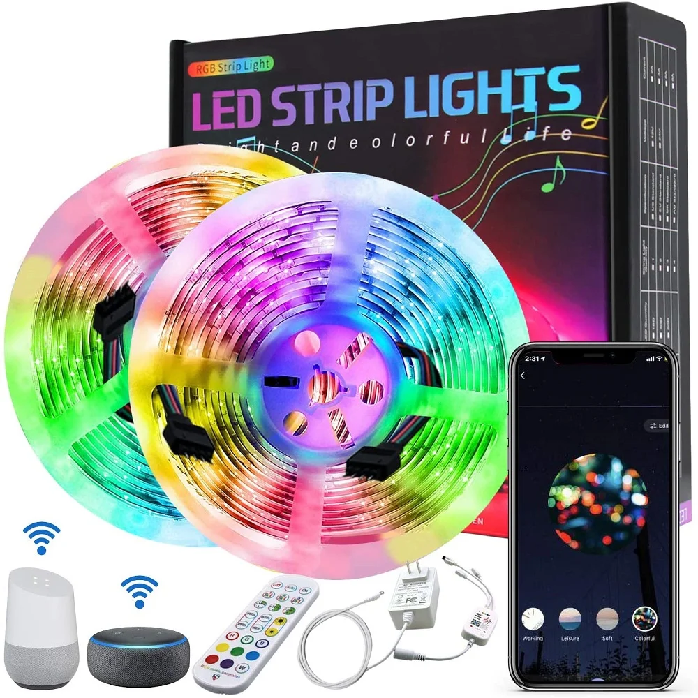 

RGB SMD5050 Tuya WiFi Smart Music LED Strip Color Tape LED Lights 5M 10M 15M 20M Work with Alexa Google Assistant Voice Control