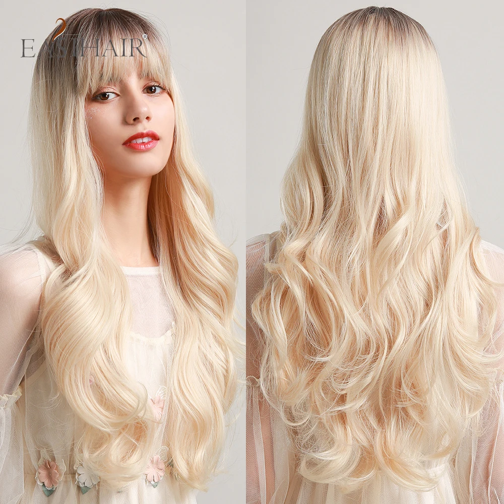 EASIHAIR Platinum Blonde Wavy Wigs with Bangs Natural Heat Resistant Long Hairs with Dark Root for Women Daily Party Cosplay