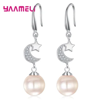 

New Fashion Pure 925 Sterling Silver Pearl Dangle Earrings Women/Girls Romantic Moon & Star Pendant Drop Earrings Wholesale