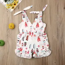 Новинка; брендовые Детские комбинезоны; Комбинезоны для маленьких девочек с принтом перьев; хлопковые комбинезоны без рукавов с принтом; сезон лето; Мода года