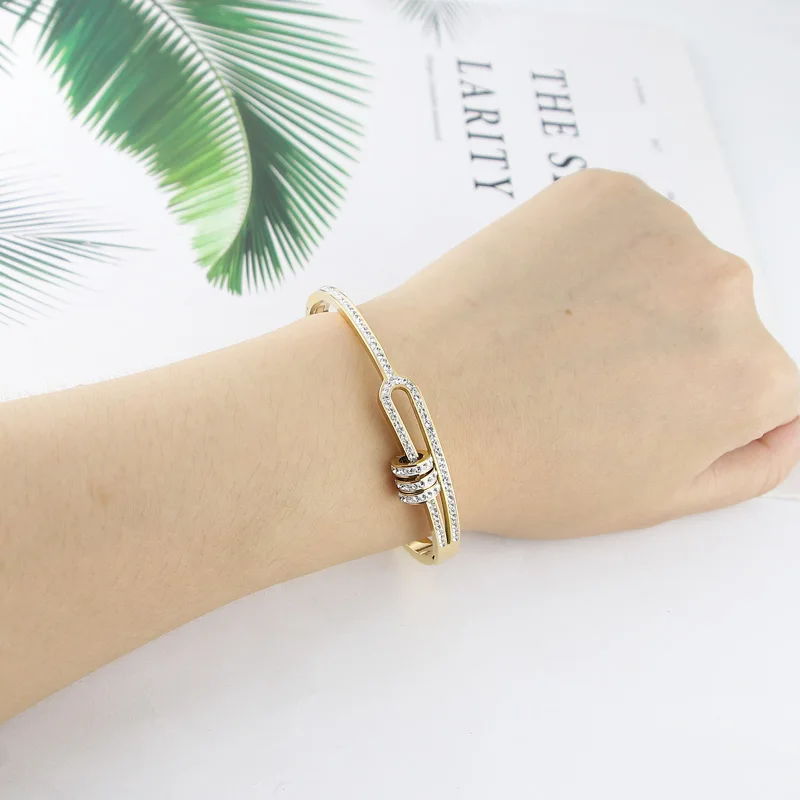 Stainless Steel Three Circles Crystal Bangle Bracelet Half Hollow Design For Women's Love Gifts