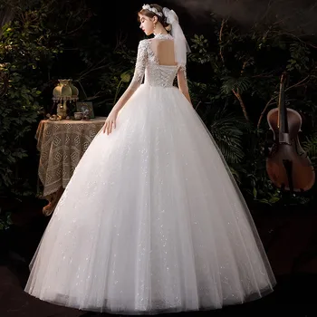 فستان زفاف برقبة عالية 2023 فاخر ثلاثة أرباع كم بأربطة حتى الكرة ثوب Vestido De Noiva مقاس كبير 5