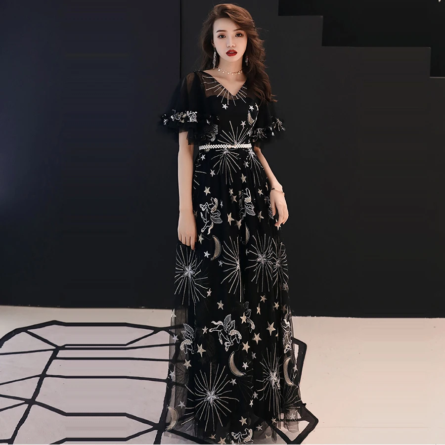

Evening Gown Elegant Illusion Evening Dress Pearls Embroidery Robe De Soiree 2019 Royal Crystal Lace A-line Formal Dresses E315