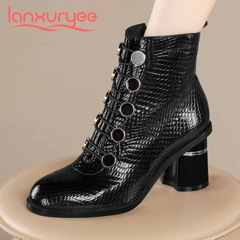 

Lanxuryee plus size European style cow leather winter shoes round toe high heel young lady daily wear leisure ankle boots L6f4
