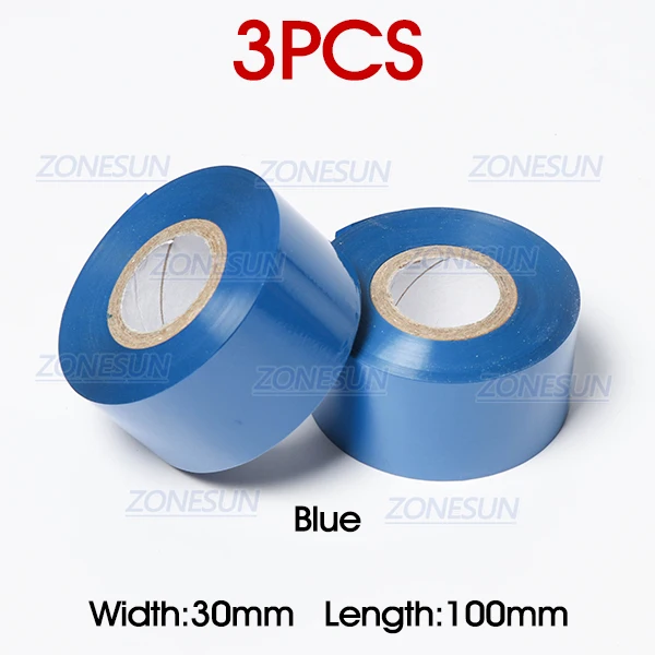 ZONESUN Дата Код термальная Лента печатная машина лента для аксессуаров для пластиковой бумаги 30*100 м черный белый красный - Цвет: Blue 3pcs