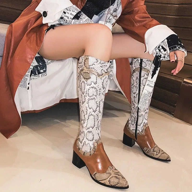 

US4-13 Womens Pointed Toe Knee High Thigh Boots Stitching Snake Pattern Match Colors Chunky Heel Riding Side Zip Shoes Plus Size