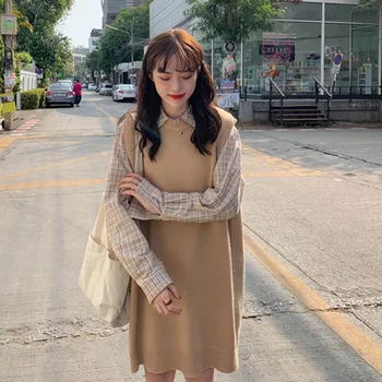 

Real shot spring version of the ins wild loose plaid shirt + round neck knitted vest dress two-piece X1264
