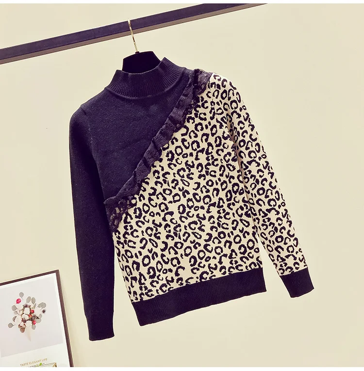 Свободные леопардовые печатные лоскутные кружева деко свитера с длинным рукавом водолазки вязаные пуловеры