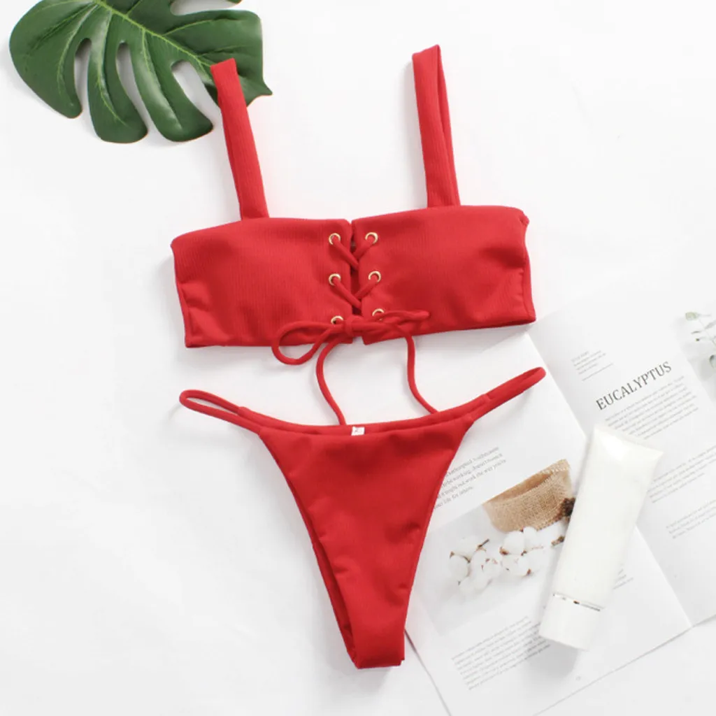 

JAYCOSIN Solid Color Western Style Bikini Swimwear Women Simple Sexy Buckle Tether High Waist Beach Bathing Bikini Suit Summer