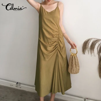 

Women Sexy Spaghetti Straps Summer Dress 2020 Celmia Ladies V neck Pleated Casual Solid Midi Vestidos Sleeveless Party Sundress
