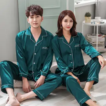 

Wholesale Couple Pajamas Sleepwear Spring Autumn Nightgown Set Long Sleeve Silk Home Suit Turn-down Neck Plus Size Homewear