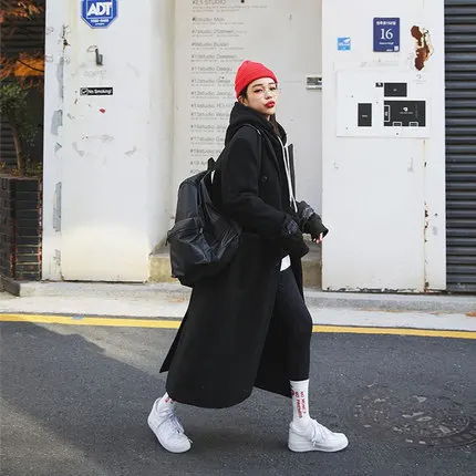 

2019 Autumn And Winter New Style Korean-style Loose-Fit Slimming Black And White with Pattern Woolen Jacket Women's Long over-th