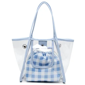 

2020 summer new PVC transparent handbag female beach bag small fresh tartan canvas mother bag large capacity female bag