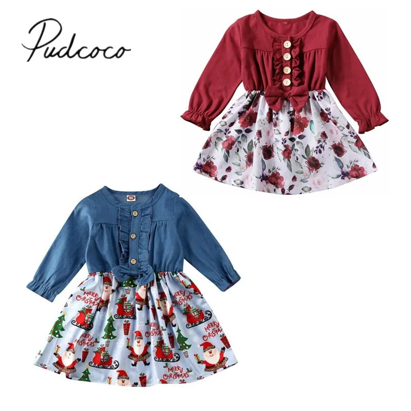 Г. Весенне-осенняя одежда для малышей рождественское джинсовое платье с длинными рукавами и принтом Санта-Клауса для маленьких девочек От 6 месяцев до 4 лет
